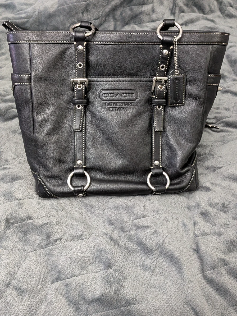 Coach Black Leather Tote Bag with Ring Hardware